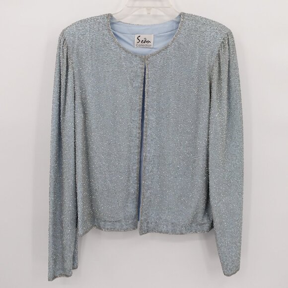 Vintage 100% Silk Beaded Jacket Baby Blue Large - Picture 2 of 11